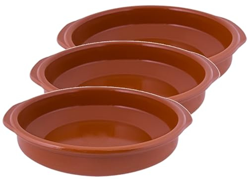 3 x 16cm - Platos de Cerámica - Envio 24h - Cazuelas Rústica de Barro Refractario, Aptas para Cocina de Gas y Eléctrica, Microondas y Horno, Color Natural, Borde 5 cm (3 uds, 16)