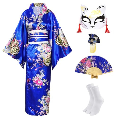 CRFASIBE 5 Pièces Kimono Japonais Femme, Tenue de Yukata Style Set avec Éventail, Maske, Cheveux, Carnaval Costume, pour Fête ou Spectacle（Bleu Marine）