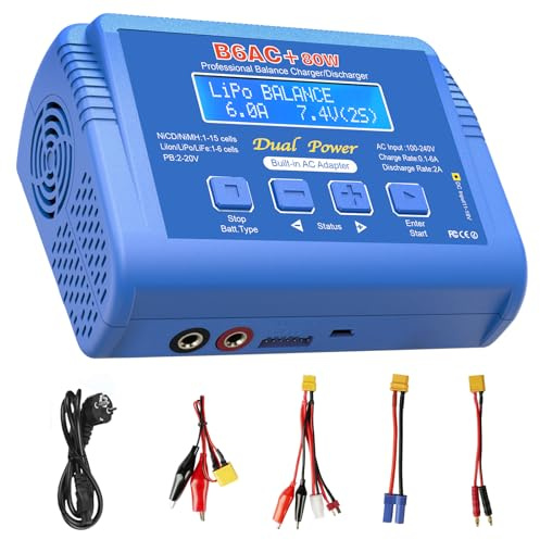 Lipo Ladegerät, 80W 6A RC Ladegerä für LiPo/Li-Ion/Life(1-6S), NiMH/NiCd(1-15S), PB Akku(2-20V), RC Balance Charger mit XT60/T Plug/Tamiya/EC5/Crocodile Clip