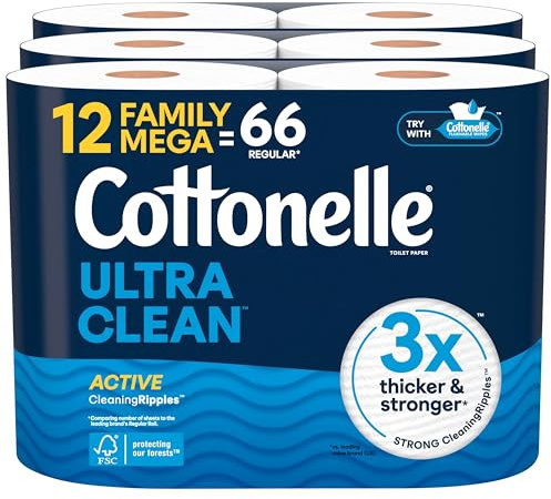 Cottonelle Ultra Clean Toilet Paper with Active CleaningRipples Texture, Strong Bath Tissue, 12 Family Mega Rolls = 66 Regular Rolls