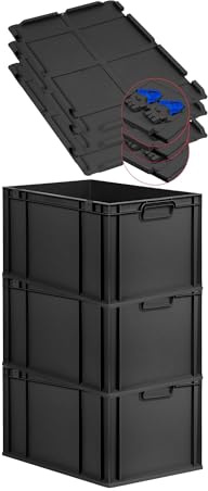 PROREGAL SuperSparSet 3x Eurobox NextGen Grip mit Scharnierdeckel & blauen Schiebeschnappverschlüssen, HxBxT 32x40x60cm, 65L, Schwarz, Griffe zu, Eurobehälter, Transportbox, Transportbehälter
