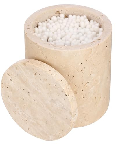 OGANAZI Travertin Rund Dose Modern Wattestäbchen Box mit Deckel 9,3x11,5cm | Deko Wattepadspender Make-up Tupferhalter für Badezimmer, Schlafzimmer, Schminktisch, Waschbecken, Hotel, Büro Damen Geschenk