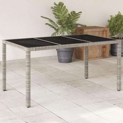 HaoChrymec Gartentisch mit PE-Rattan und Hartglasplatte, Robustes Design, Ideal für Terrasse und Garten, Loungetisch Outdoor, Beistelltisch Garten, Wetterfest, Hellgrau, 150 x 90 x 75 cm