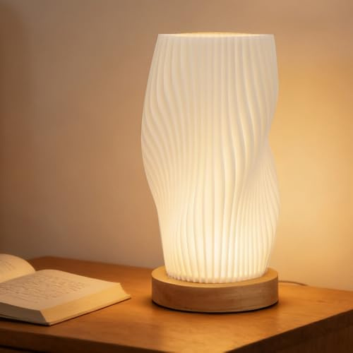 Calenxy Nachttischlampe mit Holzsockel, 9-Stufig Dimmbare Nachttischlampe, Tischleuchte mit PLA Lampenschirm und USB Kabel, Kleine Tischlampe für Schlafzimmer Nachttisch Wohnzimme