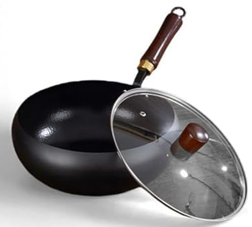 PoêLe Japonaise en Fonte, Wok en Fonte avec Couvercle et Manche en Bois, PoêLe à Frire AntiadhéSive Non RevêTue pour Restaurant(B,28CM/11.02IN)
