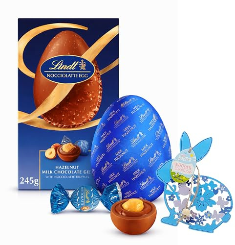 Lindt Chocolates Hazelnut Easter Egg - Large Milk Chocolate Egg with Nocciolatte Truffles 245g & Topline Wooden Easter Decoration. Great Easter Gifts for Women, Hampers