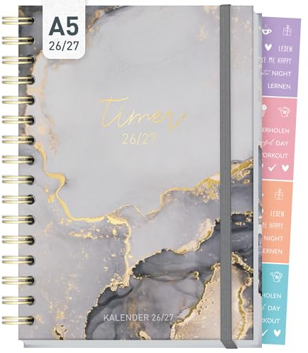 Häfft-Timer Fancy 2026 2027 - Schülerkalender A5 Grey Marble | Aug 2026 – Sep 2027, Studienplaner mit Hardcover & Spiralbindung, Kalender für Oberstufe, Ausbildung, Studium
