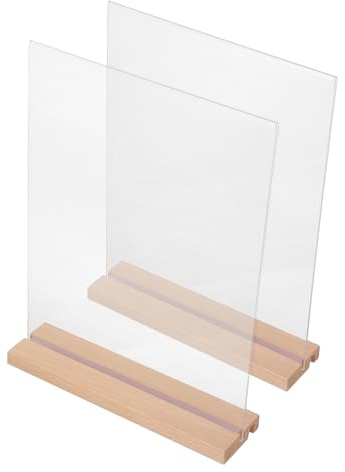 UKCOCO Lot de 2 Sets de Porte-affiches Acryliques Double Face de L et T, Supports Transparents 21,6 X 27,9 Cm avec Base en Bois de Hêtre, Présentoirs Stables pour Menu, Panneau Numéro