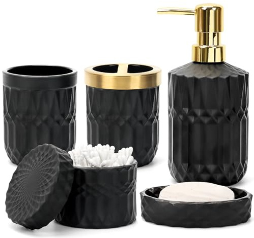 Badezimmer-Set 5-teilig Glas, Schwarz mit Gold, Diamant-Design | Inkl. Lotionspender, Seifenschale, Zahnbürstenhalter, Becher und Glas. Matt mit Goldakzenten, Vintage-Design