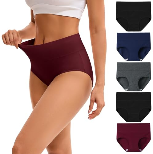 INNERSY Ladies Underwear High Waisted Knickers Womens Full Briefs Pack of 5 | 100% Cotton Gusset, Full Coverage Pants, Fabric-wrapped Waistband, Stretchy Women's Panties, Tag-free, Postpartum & Everyday