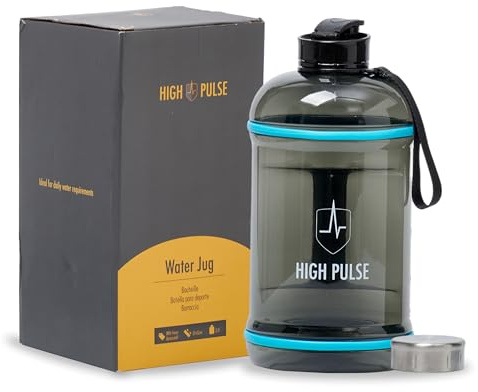 High Pulse® Water Jug aus Edelstahl mit Trinkaufsatz + Verschlusskappe (2,2 l) – Auslaufsichere Trinkflasche für Ihr Fitness- und Krafttraining – 100% BPA-frei und Kohlensäure geeignet (Schwarz)