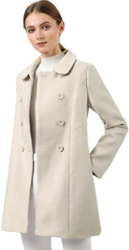 Allegra K Women's Peter Pan Collar Double Breasted Winter Long Trench Pea Coat Small Beige