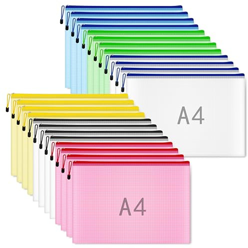 24Pcs Plastic Wallets A4 Extra Thick A4 Zipped Wallets 6 Colors | Document Zip Folders with Zipper, File Zipper Bags for A4 Paper, Household Bills, Office & Home Storage