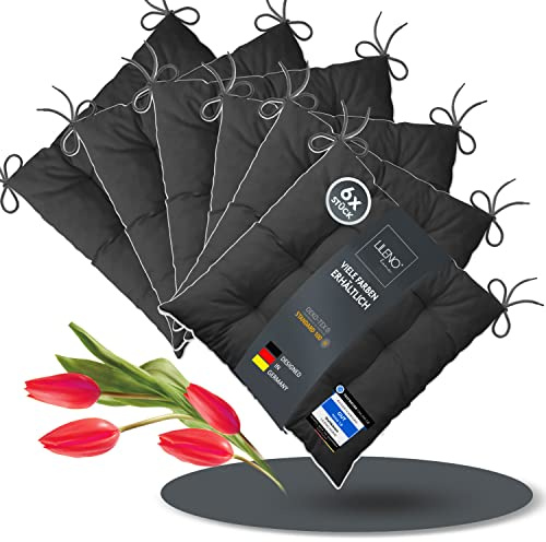 LILENO HOME Lot de 6 coussins de chaise - Noir - 40 x 40 x 6 cm - Pour chaise de jardin, cuisine ou salle à manger - Confortables - Résistants aux UV - Pour l'intérieur et l'extérieur