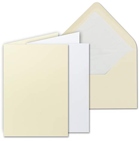 25 Sets - großes Kartenpaket, Vanille (Creme), matt, mit 25 Faltkarten, passenden weißen Einlegeblättern & 25 gefütterten Umschlägen - DIN B6, 12 x 17 cm - 120 x 170 mm