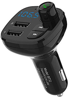 Riloer Trasmettitore FM, Modulatore audio AUX per auto Lettore MP3, Caricabatteria per auto adattatore audio per autoradio con vivavoce e doppia porta USB 2.1A, Supporto scheda BT/TF/Disco U