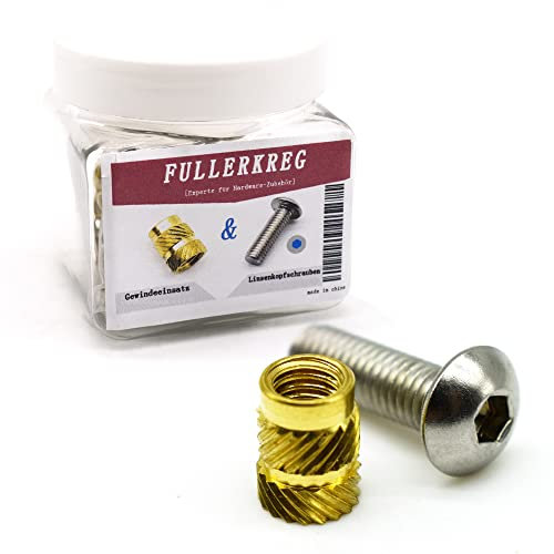 FULLERREG Gewindeeinsatz M2.5x5.74 (70 Stück)- Messing - durch Wärme oder Ultraschall in 3D-Druck Teile + Linsenkopfschrauben mit Innensechskant (ISK) M2.5 X 8 Edelstahl A2 (70 Stück)