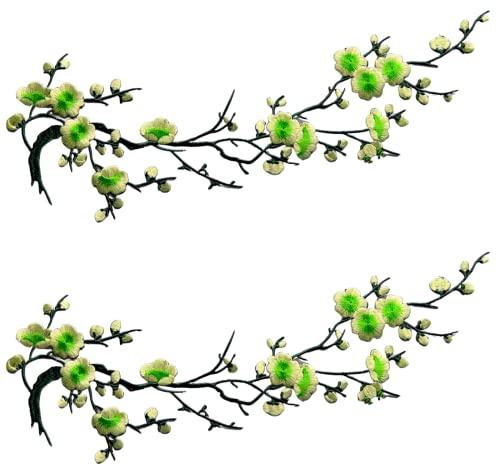 CHENGZI Pflaumenblüten-Blumen-Stickerei-Patches Applique Stoff Sticker Handwerk Nähen Reparatur Dekoration, 2er-Set (Grün)