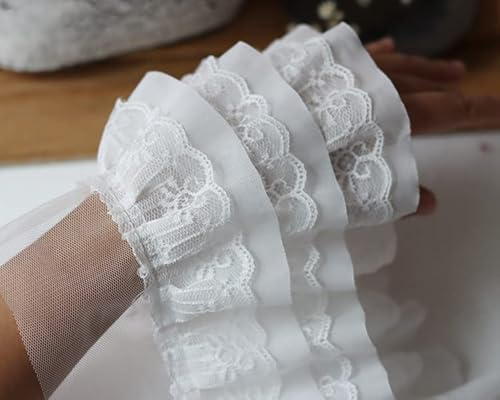 Yulakes 1 Meter Weiß Schwarz Drei Schichten 3D Plissee Mesh Chiffon Stoff Organza Spitze Band Bestickt Rüschen Spitze Trim DIY Kleid Kleidung Kragen Nähen Dekor 12CM Breit (Weiß)