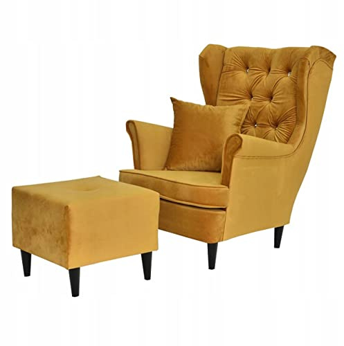 Family Meble Ohrensessel mit Hocker, Modell Gaja, Skandinavisch, Relaxsessel aus Webstoff, Loungesessel, Ohrensessel mit Hocker, Bequemer Sessel, Für Wohnzimmer, Esszimmer, Schlafzimmer, Senf golden