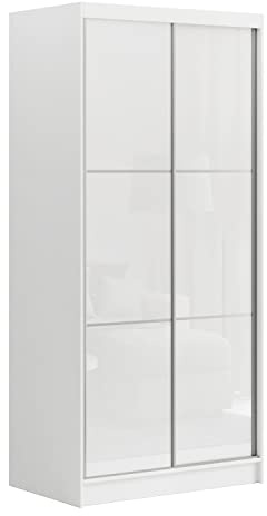 MEBLINI Kleiderschrank, 2 Türen - Schwebetürenschrank mit Kleiderstange - Schlafzimmerschrank mit Einlegeböden - Wardrobe Closet - Viviana - 120 cm - Weiß/Weiß Lacobel