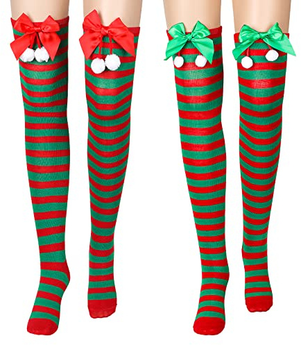 BBTO 2 Paia Calze Sopra Ginocchio Natalizie Calzini di Natale da Donna (Striscia Verde Rossa)