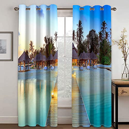Rideau Anti Chaleur - 3D Rideaux Occultants Thermiques à Oeillets - Rideau Isolant Phonique pour Chambre et Salon - Impression Vue Station Balnéaire Vue sur La Mer 100X140cm（L X H）, 2 Panneaux