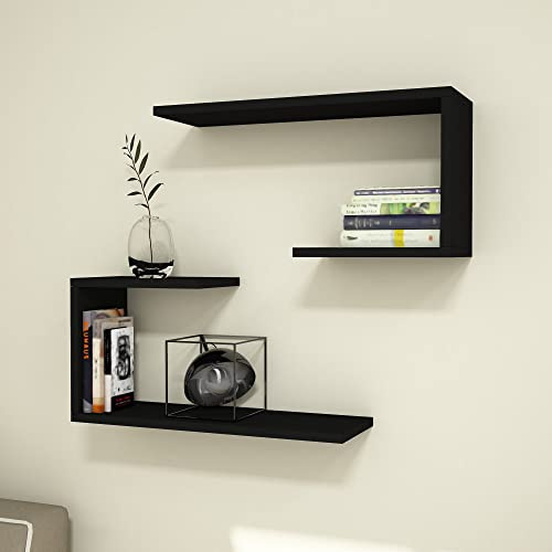 [en.casa] Wandregal Årslev 2-er Set Wandboard für Wohnzimmer Schlafzimmer Küche 27 x 60 x 20 cm Schweberegal Schwarz