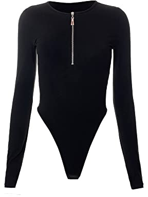 FDEETY Dambody med långärmad rund hals bodysuit tröjor stringbody overall sexig elegant bodysuit topp, svart, S