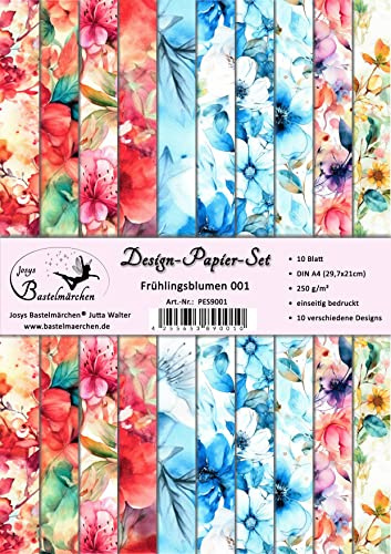 Josys Bastelmärchen Design-Papier-Set 10 Blatt A4 250g/m² Scrapbooking Frühlingsblumen 001, PES9001