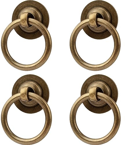 RZDEAL 4 Pack Solid Antique Brass Cabinet Pulls Ring Drawer Pulls, Antique Style Kitchen Cabinet Handles Pulls Vintage Pulls Brass Drawer Handles for Cabinets