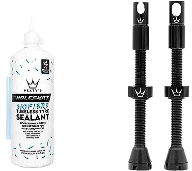 Peaty's Holeshot Biofibre Tubeless Tyre Sealant, Fast Acting Puncture Repair & X Chris King MK2 Tubeless Valves Presta - Integrated Spoke Key & Valve Core Removal Caps