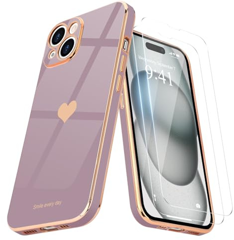 Teageo Kompatibel mit iPhone 15 Hülle + 2 Stück Schutzfolie, Mädchen Herz Styling Hülle Galvanisierte Weich TPU Schutzhülle Kameraschutz Kratzfest Phone Case für iPhone 15, Sakura Lila