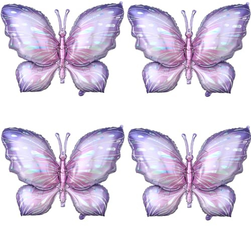 Purple Butterfly Balloons 4 Pieces 40inch Pink Purple Foil Mylar Balloons for Butterfly Themed Party Wedding Birthday Baby Shower Party Decoration (Purple-4pcs)