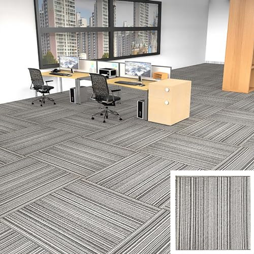 HAILM 32 Stück Teppich Quadrate Selbstklebend, Teppich Fliesen Bodenbeläge, 8 SQM Teppich Bodenfliesen, rutschfest und Anti-Silent, für Home Wohnzimmer Büros Boden, Streifen