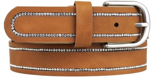 Zakatte • Damen Gürtel aus Kunstleder mit Strass Hüftgürtel Taillengürtel Strassgürtel BS019A (Cognac, 80 cm)