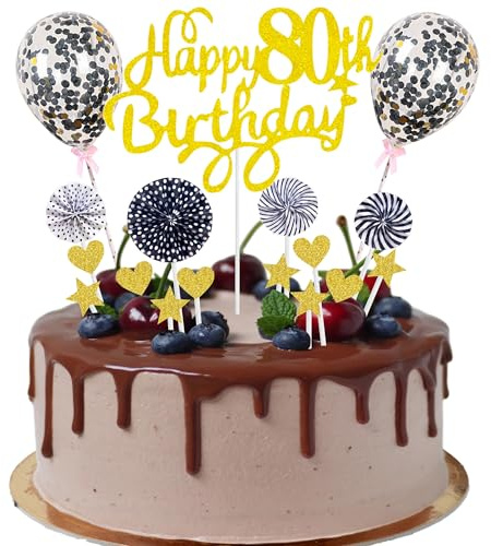 Happy 80th Birthday Cake Decoration 80 Years Man Women Cake Decoration 80th Birthday Gold Black Cake Decoration 80th Birthday Man Cake Decoration Gold with Heart Star Balloon Glitter Cake Topper for