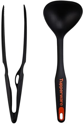 Tupperware Griffbereit Küchenhelfer Grillzange (p) schwarz + Griffbereit Schöpfkelle Küchenzange (inkl. Katzen Magnet) (2 Stück, Edelstahl, Modern, Schwarz)