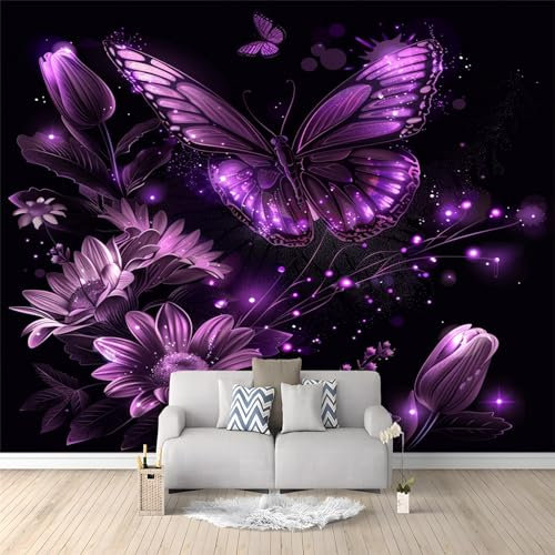 Panorama-Art Fototapete Lila Schmetterlings-Chrysantheme 200 x 140cm Vlies Tapeten Teenager Moderne Wandtapete Wohnzimmer Schlafzimmer UV-Schutz