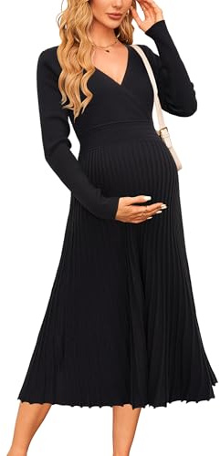 OUGES Maternity Jumper Dress for Women UK 2025 Fall Midi Pleated Long Sleeve Winter Dresses V Neck Sweater Dress