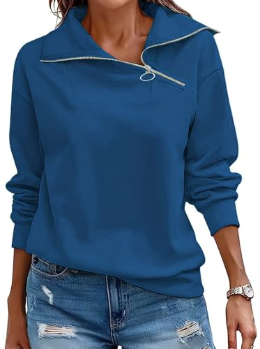 Cuptacc Sweatshirt Damen Pullover Stehkragen Langarm 1/4 Ausschnitt Mit Zipper Pullover Lässig Einfarbig Baisc Tops Damen Blau, XL 46-48