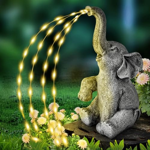 flintronic Elefantenstatue Gartendekoration mit Solar Lichterkette Aussen, Elefanten Deko Gartenfiguren, Bewässerungselefant Figur Solarbetriebene LED Lichter für Garten Rasen, Geschenke für Frauen