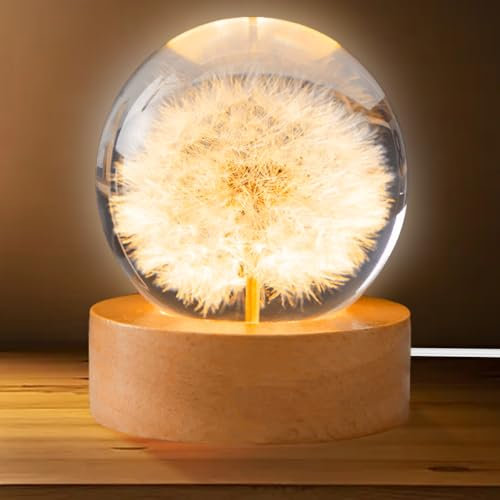 Sfera di cristallo, luce notturna, 6 cm, fiore di leone, lampada da notte con base in legno USB, ideale come regalo per la casa, decorazione da tavolo