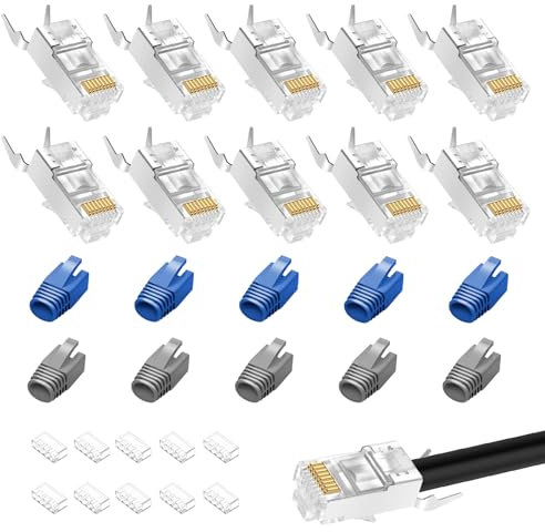 10 Piezas Conector RJ45 Cat 7 Conectores Ethernet, con Guia y Funda RJ45, Pass Through Enchufe macho Protección contra dobleces Ojal de ayuda a la inserción para Ethernet Cat 7 Cat6a 8 polos Plug