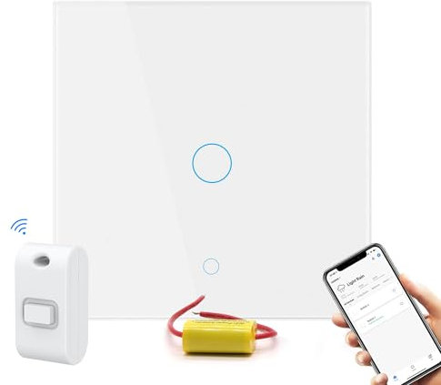 Smart Light Switch, Tuya/SmartLife App Remote Control, Wireless Kinetic Fob Switch Control, No Neutral Wire Required, Neutral Line Optional, Easy Two-Way Control (White(1Gang))