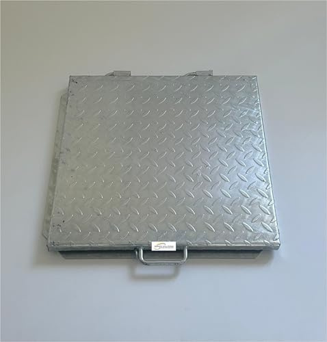 SERVICE SOLUTIONS - Coperchio Cisterna Rinforzato in Lamiera Zincata Bugnata Mandorlata, 35 mm Altezza, con Telaio, Cerniere, Maniglia e Occhiello per Lucchetto (CM 50x50)