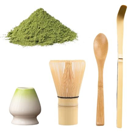 Juego de 4 accesorios para ceremonia de matcha, herramientas japonesas hechas a mano: soporte para batidor de bambú, cuchara, cuchara de té tradicional