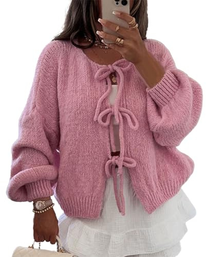 Yassiglia Y2k Strickjacke Damen Kurz Schleife Vorne Cardigan Leichte Warme Pullover Strick Tops Elegante Strickjacken Für Damen Teenager Mädchen (Rosa, S)