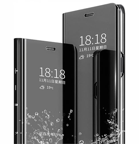 SEAHAI Fodral till Samsung Galaxy S25 Ultra 5G, smart flip klar vy genomskinligt stående skydd automatisk sömn och väckning spegelplätering fullt skyddande stöttåligt fodral – svart
