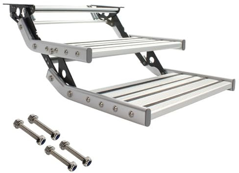 Manuelle RV-Schritt, Aluminium Klapptritt Trittleiter, Breite rutschfeste Oberfläche, Trittstufe Wohnwagen lkw Zubehör mit 150Kg Tragfähigkeit, für Wohnmobil Camper Van Reiseanhänger,2-WithoutLight